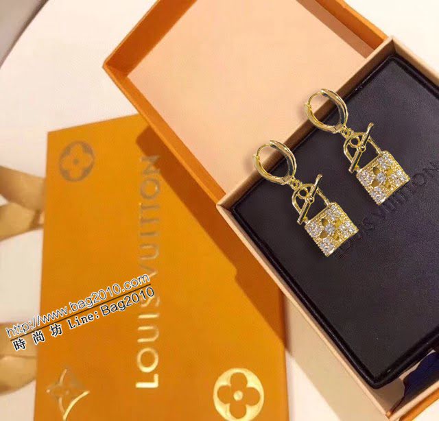 Louis Vuitton新款飾品 路易威登進口晶鑽鏈條鎖耳釘 LV四葉草鎖頭滿鑽耳環耳吊  zglv2240